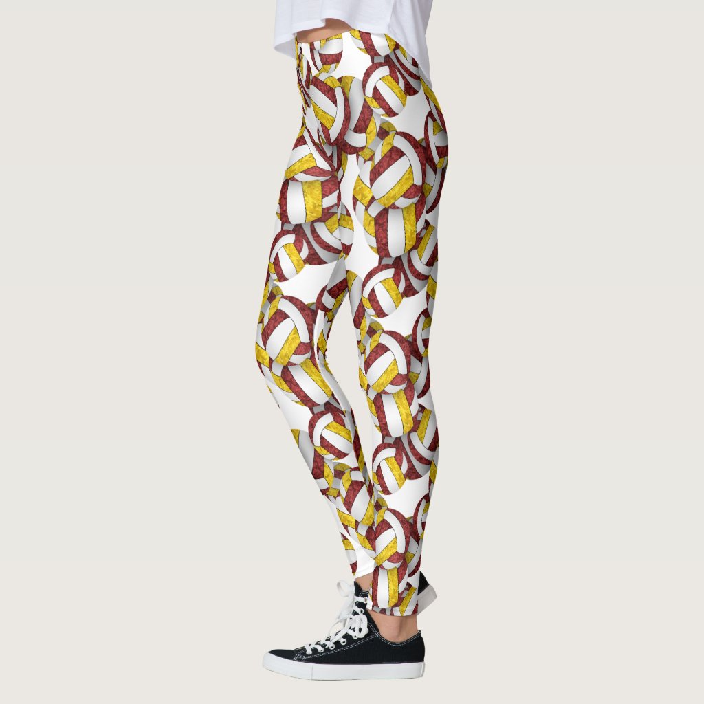 Maroon gold team colors girly volleyballs pattern leggings