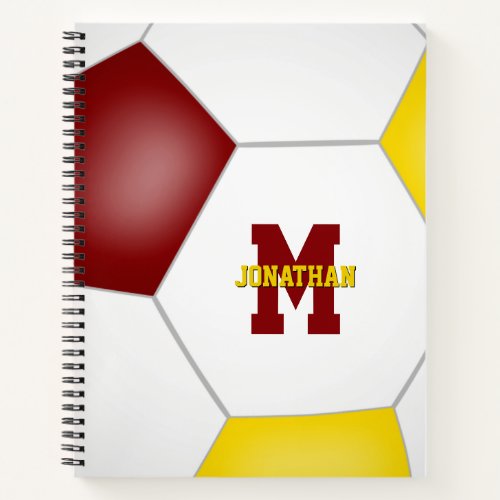 maroon gold team colors monogrammed soccer notebook