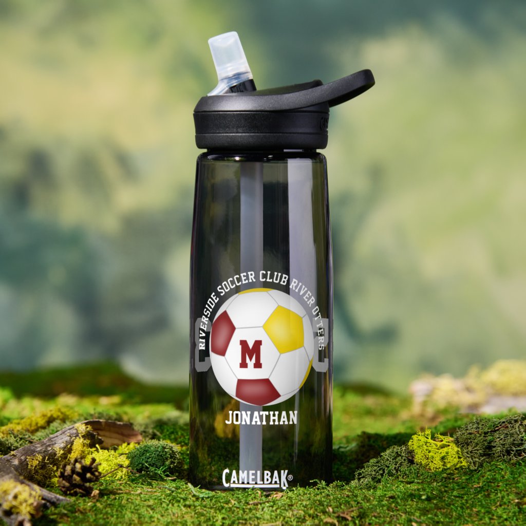 maroon gold team colors personalized soccer water bottle