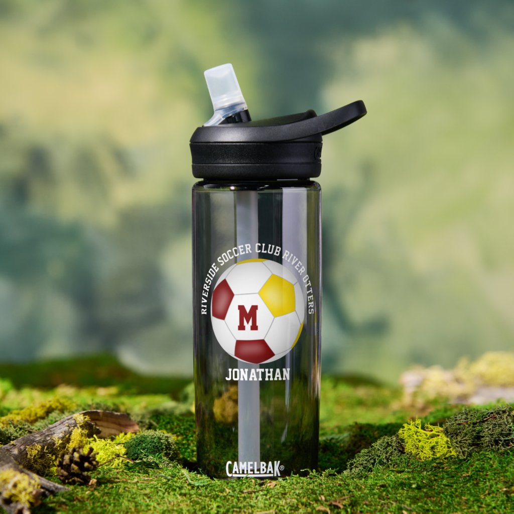 maroon gold team colors personalized soccer water bottle