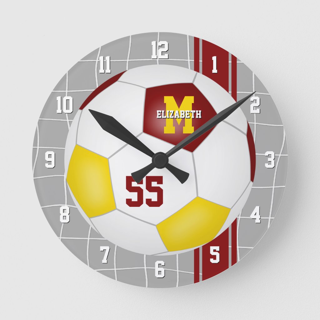 maroon gold team colors varsity stripes soccer round wall clock