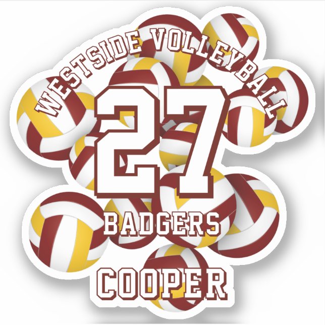 maroon gold team colors volleyballs kids name sticker (Front)