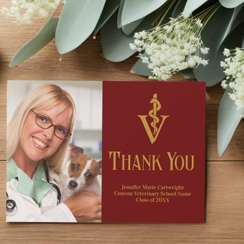 Maroon Gold Veterinarian Office Photo Customizable Thank You Card