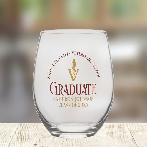 Maroon Gold Veterinary School Graduation Custom Stemless Wine Glass