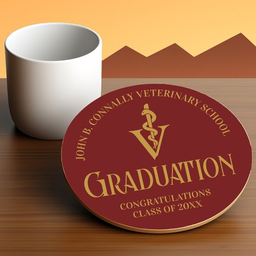 Maroon Gold Veterinary School Graduation Party Round Paper Coaster
