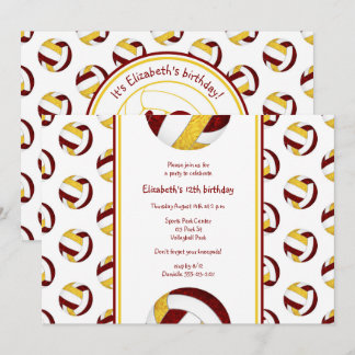 maroon gold volleyball team girls' birthday party invitation