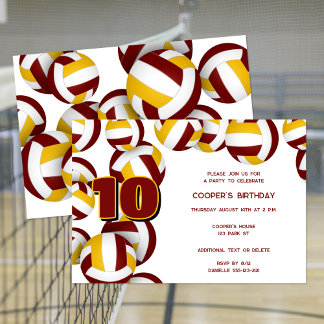 maroon gold volleyballs boys girls birthday party invitation