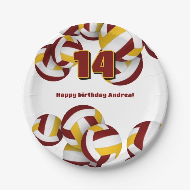 maroon gold volleyballs girls boys birthday party paper plates (Front)