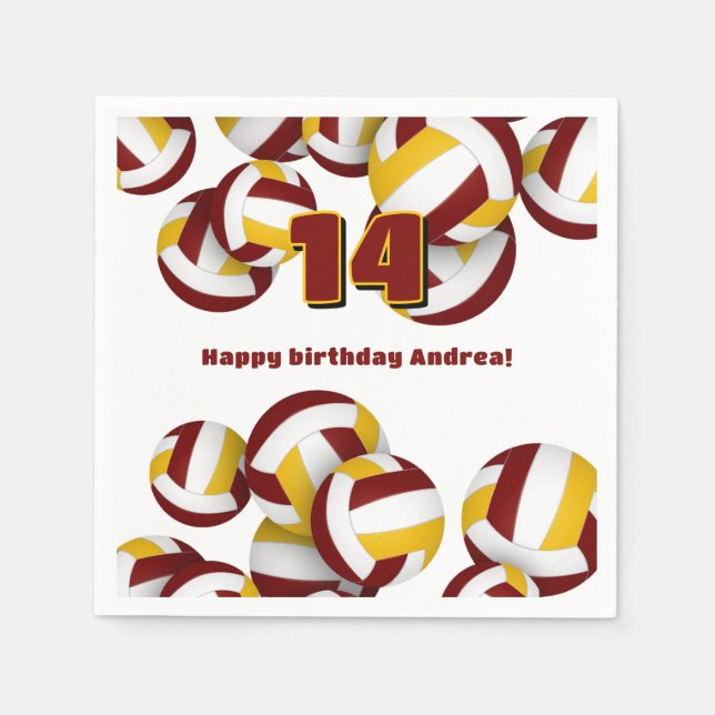 maroon gold volleyballs kids teens birthday party napkins (Front)