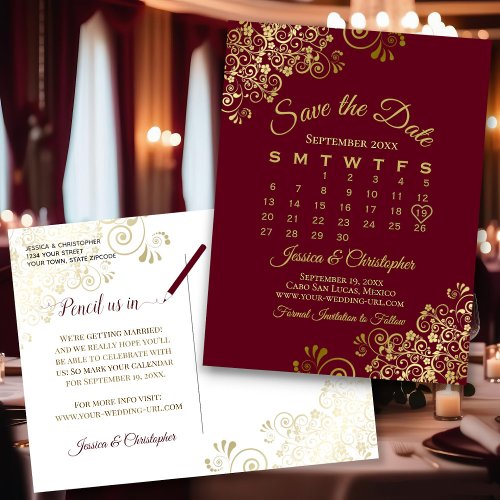 Maroon  Gold Wedding Save the Date Calendar Announcement Postcard