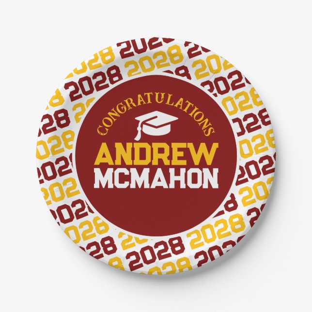 Maroon, Gold & White Graduation Personalized Paper Plates (Front)