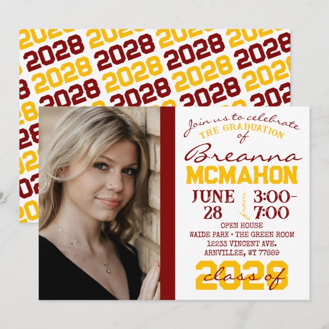 Maroon, Gold & White Graduation Photo Invitation (Front/Back)