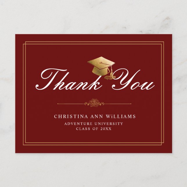 Maroon Gold White Script Graduation Thank You Postcard (Front)