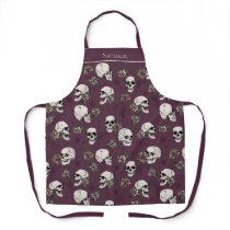 Maroon Gothic Skulls and Roses Custom Name Apron