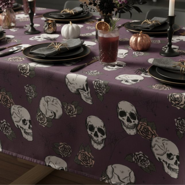 Maroon Gothic Skulls and Roses Halloween Tablecloth (Purple Goth Floral Skulls Halloween, Dia de los Muertos Tablecloth Gothic Skull, Rose Flower Pattern)
