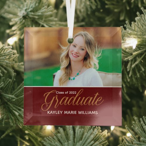 Maroon Graduate Photo 2024 Graduation Christmas Glass Ornament