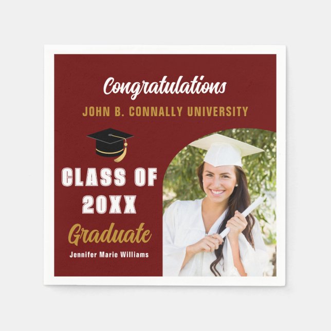 Maroon Graduate Photo Arch Custom Graduation Party Napkins (Front)