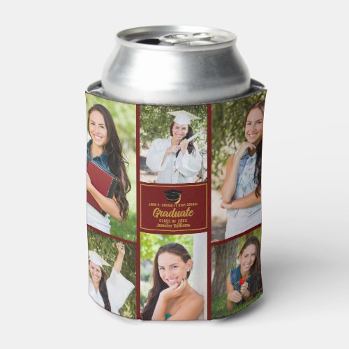 Maroon Graduate Photo Collage Graduation Party Can Cooler