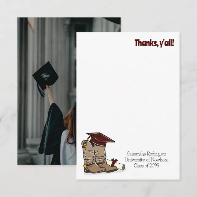 Maroon Graduation Cap and Cowboy Boot Thank You Card | Zazzle