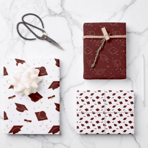 Maroon Graduation Cap Toss Wrapping Paper Sheets