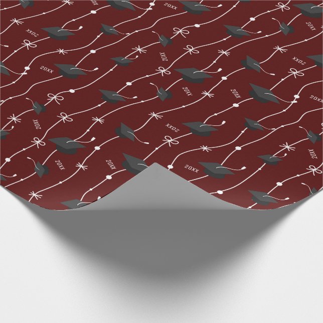 Maroon Graduation Caps and Ribbon Wrapping Paper (Corner)