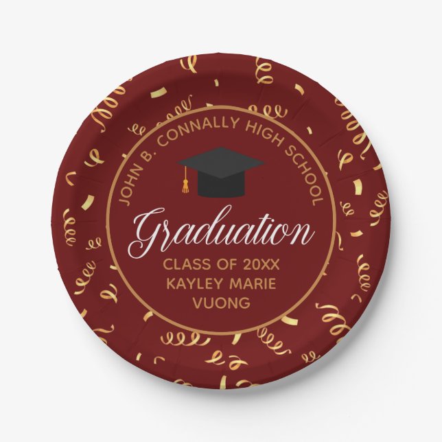 Maroon Graduation Gold Streamers Custom 2025 Party Paper Plates (Front)
