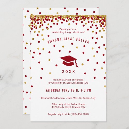 Maroon Graduation Invitation  Faux Gold Glitter