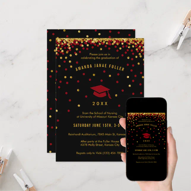 Maroon Graduation Invitation | Faux Gold Glitter | Zazzle