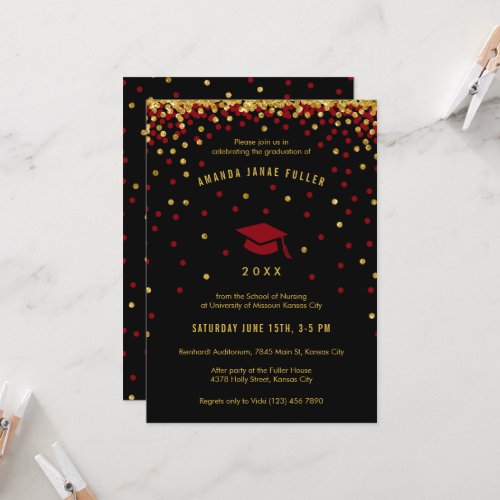 Maroon Graduation Invitation  Faux Gold Glitter