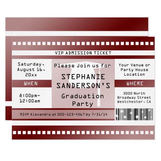 Maroon Graduation Or Party Admission Ticket Invitation