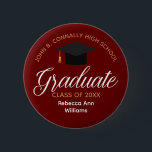 Maroon Graduation Personalized 2026 Graduate Button<br><div class="desc">This red and gold custom senior graduate button features chic white and gold typography under a high school or college name for the class of 2026. Customize with your graduation year and student name under the lovely calligraphy for great personalized parent buttons to wear to the ceremony. Proud mom and...</div>