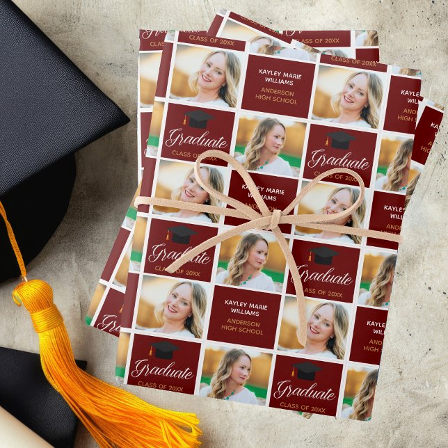 Maroon Graduation Photo 2026 Graduation Custom Wrapping Paper Sheets (Creator Uploaded)