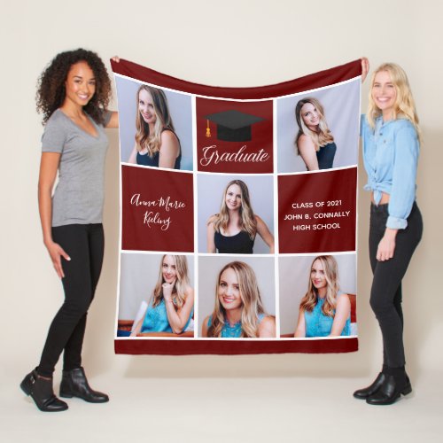 Maroon Graduation Senior Portrait Photo Collage Fleece Blanket