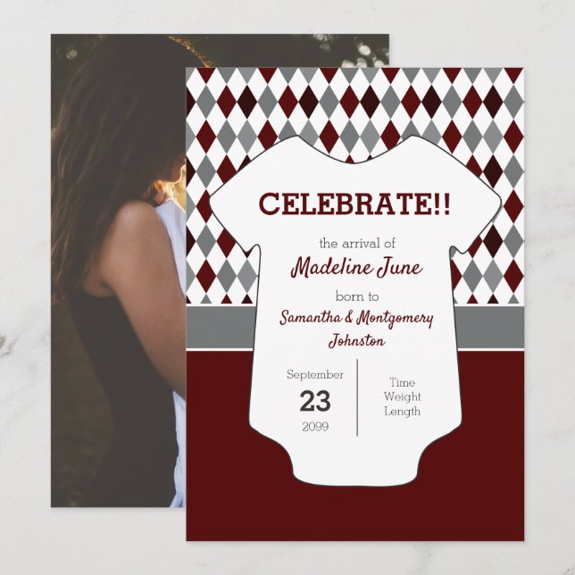 Maroon & Gray Argyle Pattern Baby Photo Announcement (Front/Back)