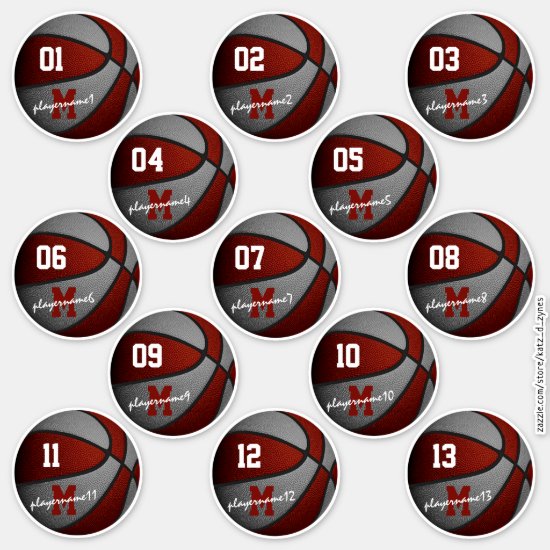 Maroon & gray basketball team colors set of 13 personalized stickers