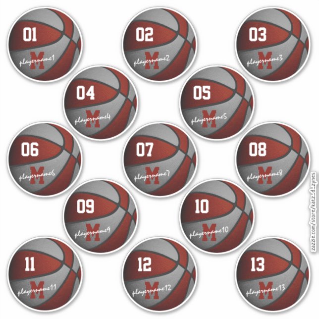 maroon gray basketball custom 13 players names sticker (Front)