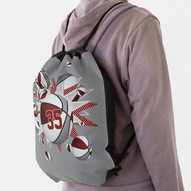 maroon gray basketballs stars girls jersey number drawstring bag (Insitu)