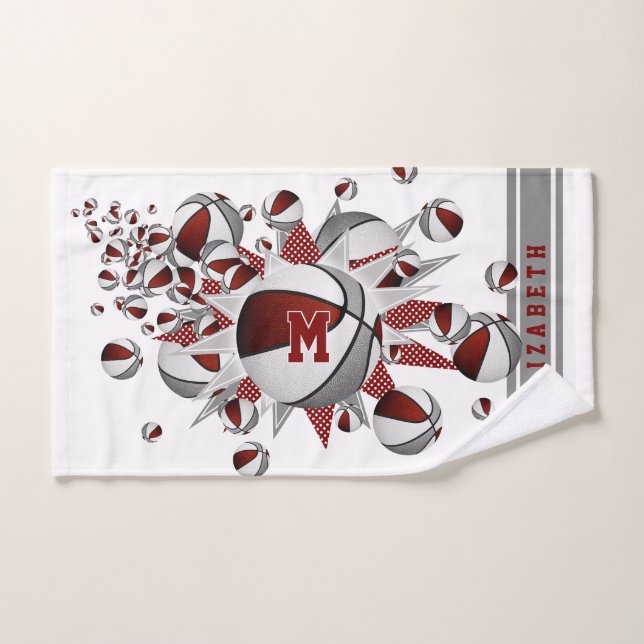 maroon gray basketballs stars girls monogrammed hand towel  (Hand Towel)