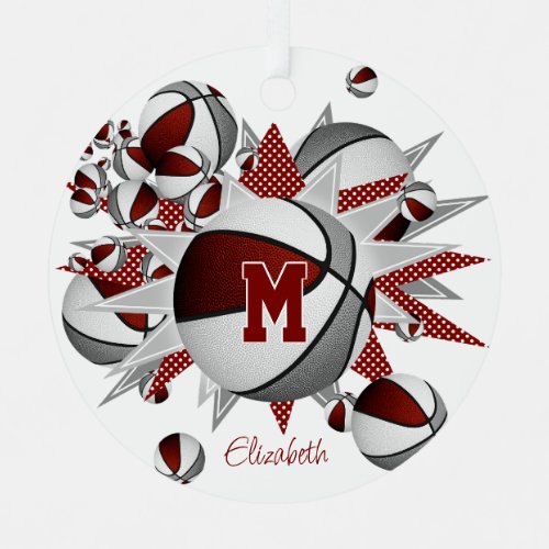 Maroon gray basketballs stars personalized  metal ornament