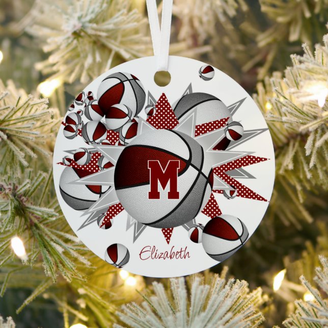 Maroon gray basketballs stars personalized  metal ornament (Insitu)