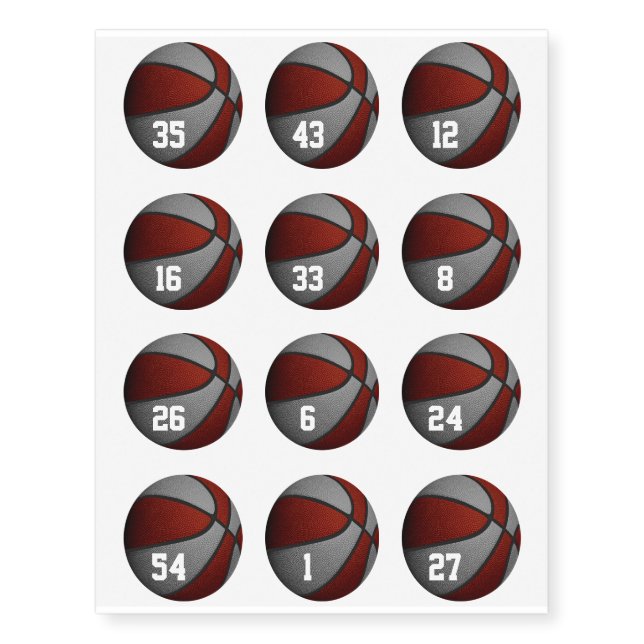 maroon gray basketballs w jersey number set of 12 temporary tattoos (Front)