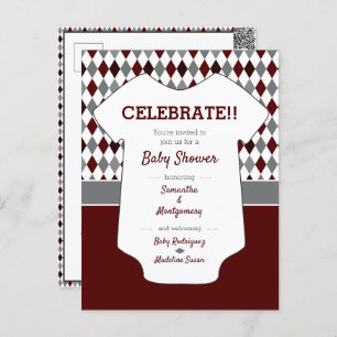Maroon & Gray Blue Argyle Pattern Baby Shower Postcard