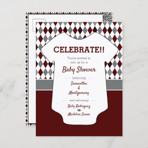 Maroon  Gray Blue Argyle Pattern Baby Shower Postcard