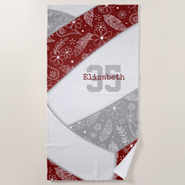 maroon gray boho floral paisley pattern volleyball beach towel (Front)