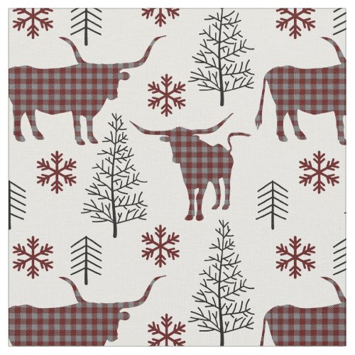 Maroon  Gray Buffalo Plaid Longhorn Pattern Fabric