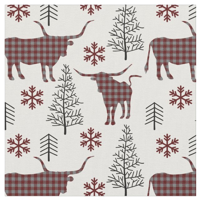 Maroon & Gray Buffalo Plaid Longhorn Pattern Fabric (Close Up)