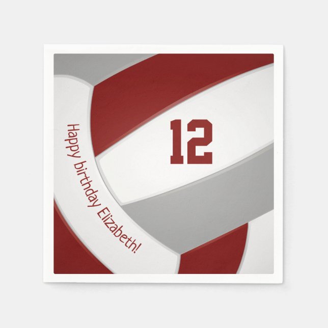 Maroon gray girls boys volleyball party napkins (Front)