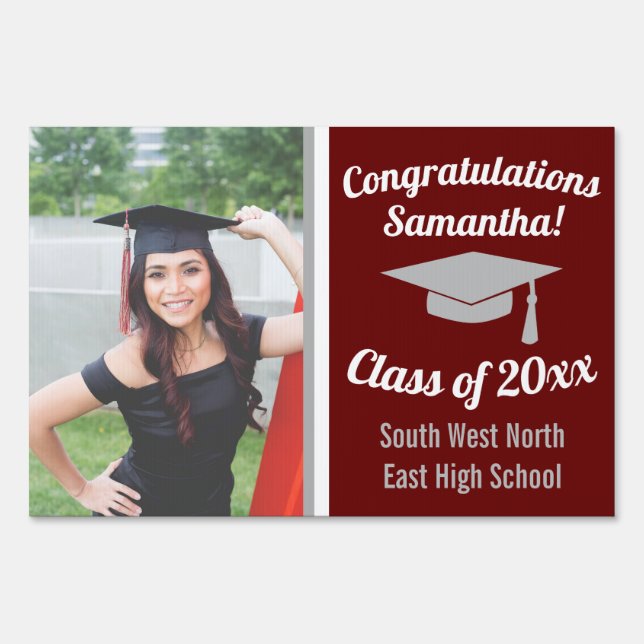 Maroon Gray Graduation Photo Congratulations Grad Sign (Front)