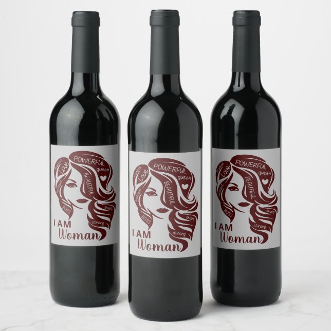 Maroon/Gray I Am Woman Personalized Wine Label (Bottles)
