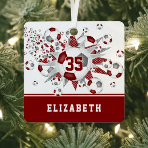 Maroon gray soccer balls stars personalized  metal ornament